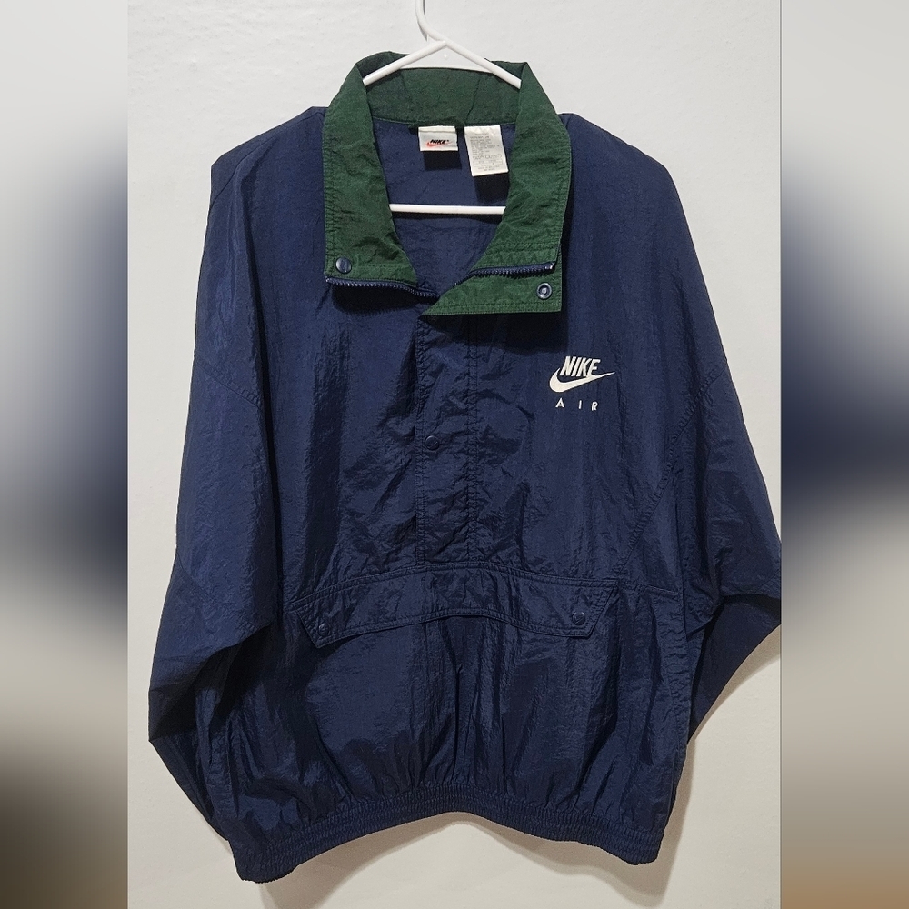 VTG 90s Nike Air Jacket Navy Green Mens Size Lg Windbreaker Kangaroo Pocket B10